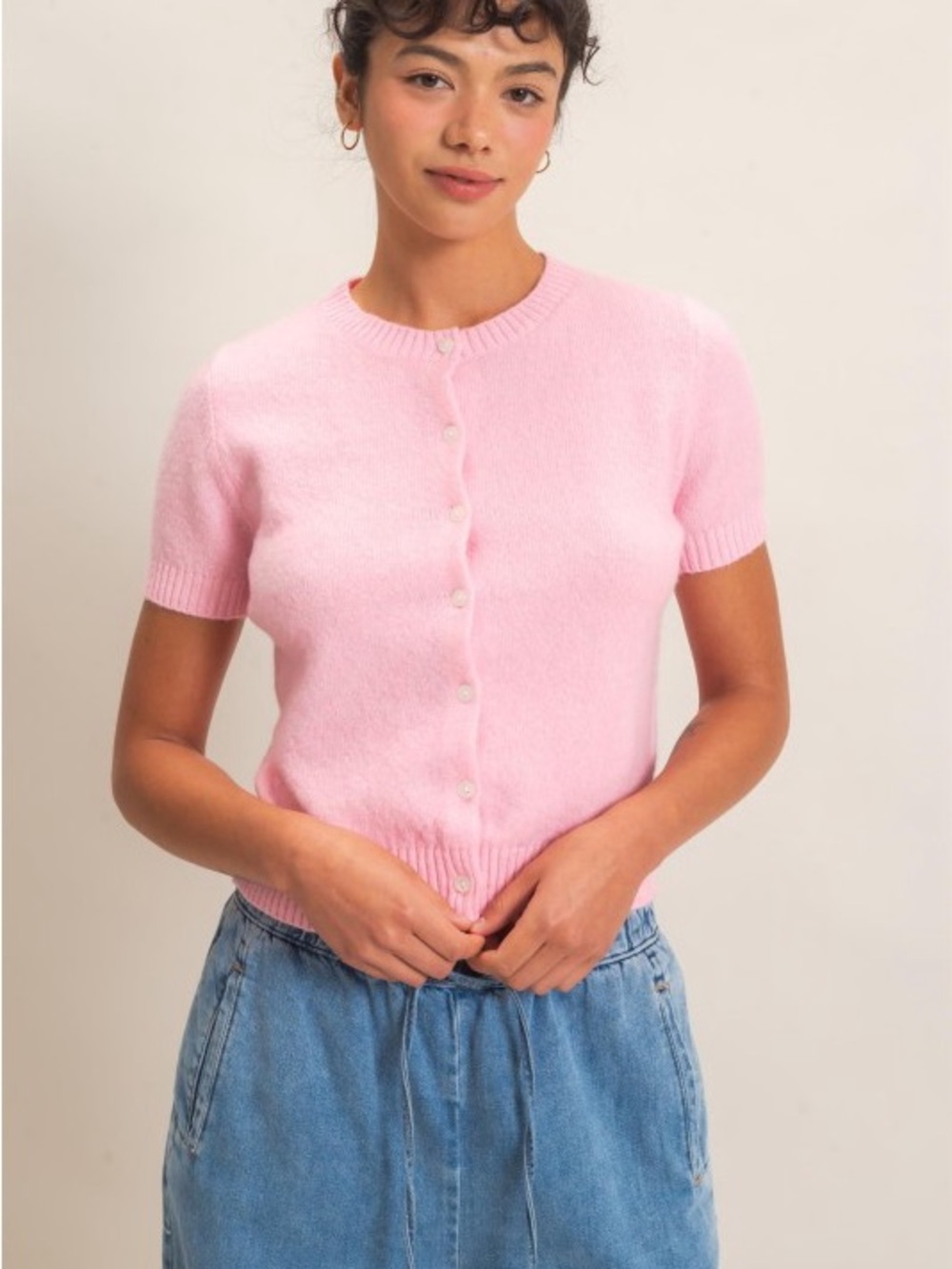 Pink Short-Sleeve Button Cardigan Sweater